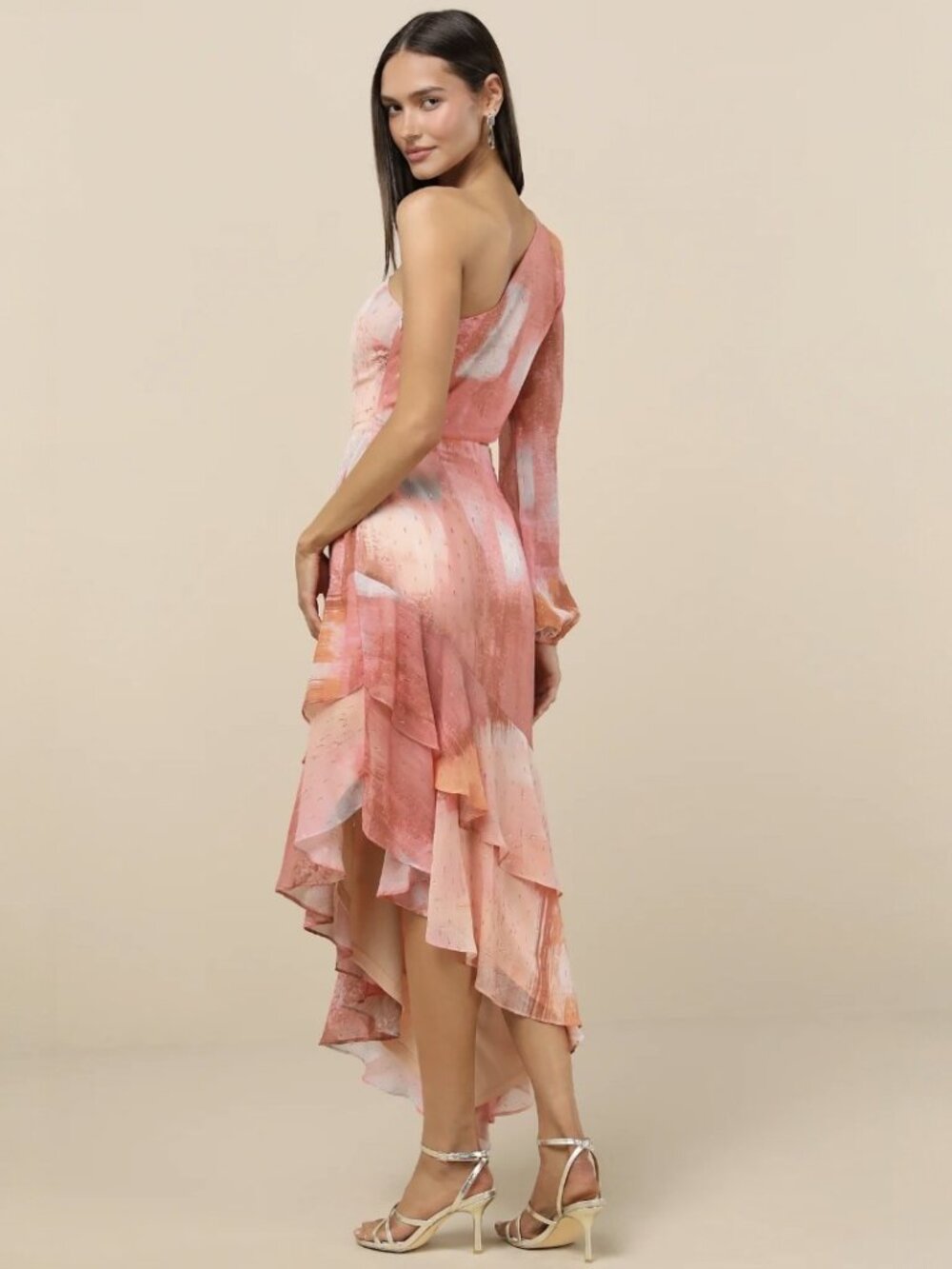 Lulus Faria Peach Multi Abstract Metallic Clip Dot Midi Dress NWT - Picture 3 of 9